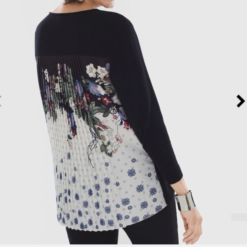 Chico’s Pleated Floral Back Top XL Black‎ Knit Sweater Blouse Statement Tunic